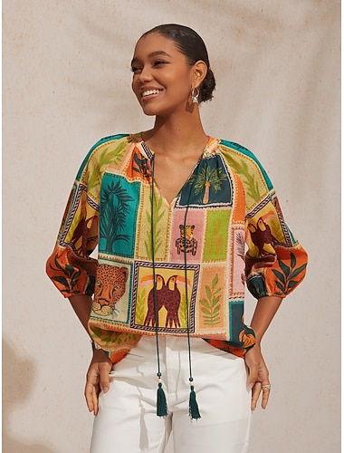  Top in chiffon ampio con motivo floreale tropicale per le vacanze