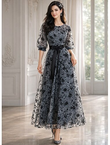  A-linje Kjoler Ankellengde Festkjole Cocktail Kjole Gjestekjole til bryllup Kjole til brudens mor Halvlange ermer Besmykket Elegant Årgang Gjennomsiktig Formell Chiffon med Blonder Broderi