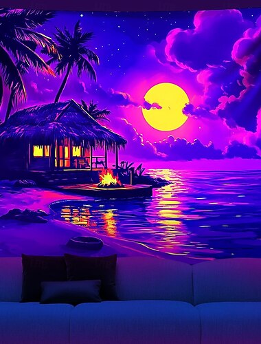  Arazzo con luce nera, capanna sulla spiaggia tropicale sotto la luna piena luminosa, arazzo da parete reattivo ai raggi UV, decorazione artistica psichedelica per camera da letto, dormitorio, sala per
