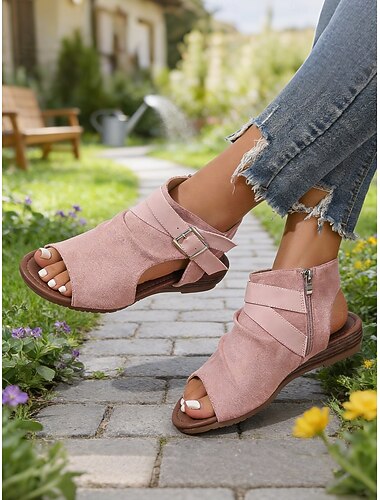  Damesandaler i semsket skinn med åpen tå og glidelås bak – avslappet, elegant stil, myk og komfortabel passform for turgåing, reiser, helg, hage og hverdagsbruk