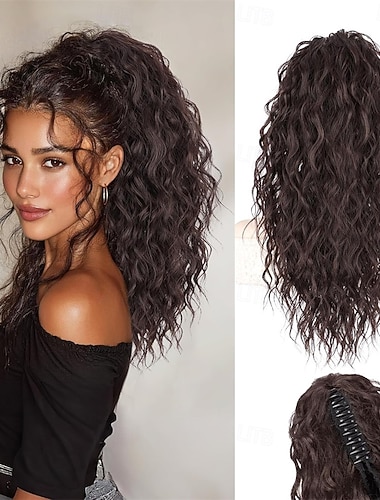  Braune Pferdeschwanzverlängerung, 45 cm (18 Zoll), lockig-wellig, mit Clip-in-Befestigung, mehrlagig, flauschig, natürlich aussehendes Kunsthaarteil für Damen (dunkelbraun), 45 cm (18 Zoll).