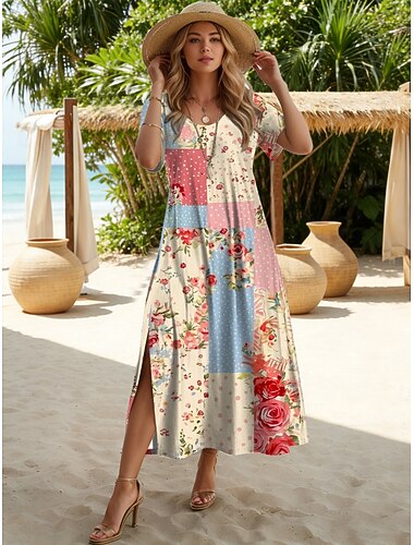  Femmes Robe Midi Robe trapèze Occasionnel Quotidien Coupe Ample Fleuri Graphique Manche Courte Col ras du cou Bleu Rose Claire Violet Vert Été Printemps