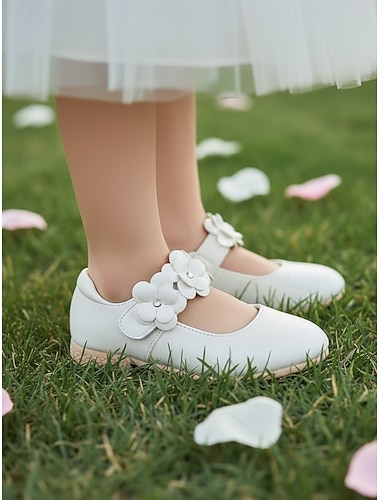  Barnesko med doble blomstermotiver og mary jane-motiv, myk PU-overdel, komfortabel lav hæl og sklisikker såle, elegant prinsessestil for jenter, perfekte sko til bryllupsblomsterjenter og seremonier.
