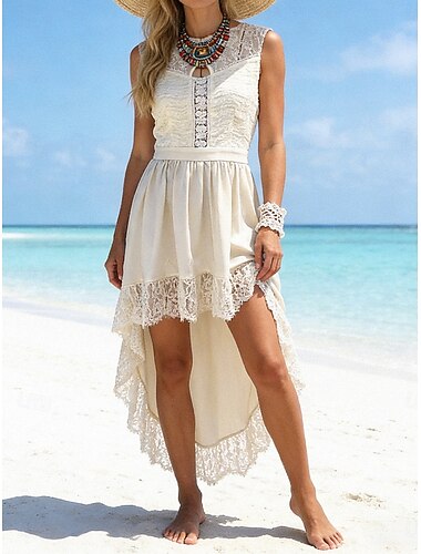  Női Midi ruha Csipkeruha Fehér ruha Divat Modern Napi Szabadtéri Vakáció Normál Virágos Ujjatlan Állógallér Fehér Nyár Tavasz Ősz