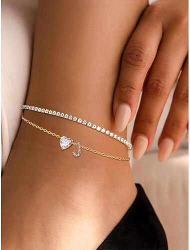  Bracelet de cheville pour femme avec initiale et breloque cœur en zircon, en alliage, 26 lettres de l'alphabet au choix, chaîne ajustable, bijou minimaliste et élégant, idéal pour la Saint-Valentin et la fête des mères.