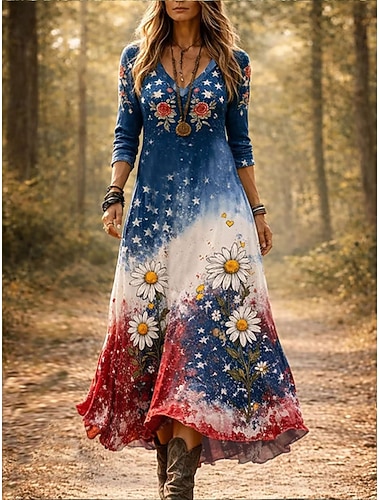  Unabhängigkeitstag Patriotisches Damen Midi Kleid Sheath Kleid Lässig Date Reguläre Passform Floral Grafische Flagge Lange Ärmel V-Ausschnitt Blau Frühling Herbst Winter