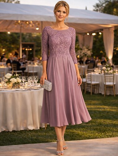  A-linje Ankellengde Festkjole Cocktail Kjole Gjestekjole til bryllup Kjole til brudens mor 3/4 ermer Crew-hals Elegant Bryllupsgjest Forlovelsesfest Chiffon med Plissert Appliqué