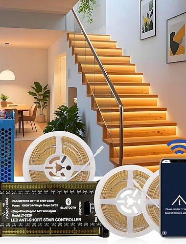  Intelligentes, per Bluetooth-App gesteuertes LED-Treppenbeleuchtungsset mit Bewegungsmelder, bestehend aus 12–32 LED-Streifen (1,25 m), die individuell kürzbar sind, inklusive Schalter und