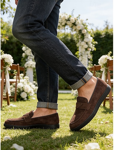  scarpe slip-on da uomo in pelle marrone chiaro con dettagli neri, calzature da matrimonio casual ma eleganti, ideali per gli invitati al matrimonio e lo sposo