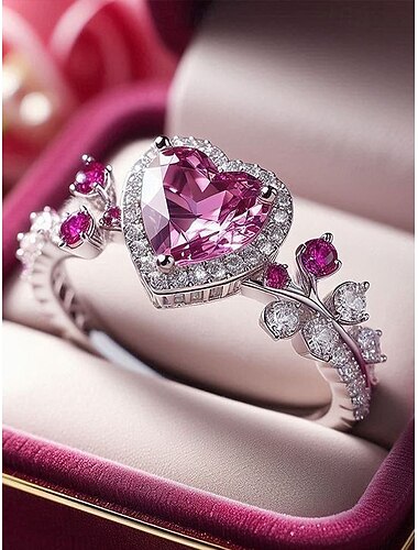  Dámský prsten s růžovým drahokamem ve tvaru srdce – slitina, růžové a čiré kameny, elegantní design – ideální na svatby a Valentýna