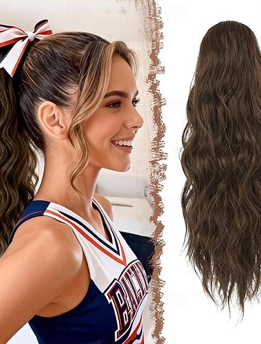  תוספות קוקו - תוספות שיער קוקו עם שרוך, פאות שיער גליות ואריכות ימים, פוני סינתטי לנשים, חום &חום בהיר מעורב 18 אינץ' 18 אינץ'