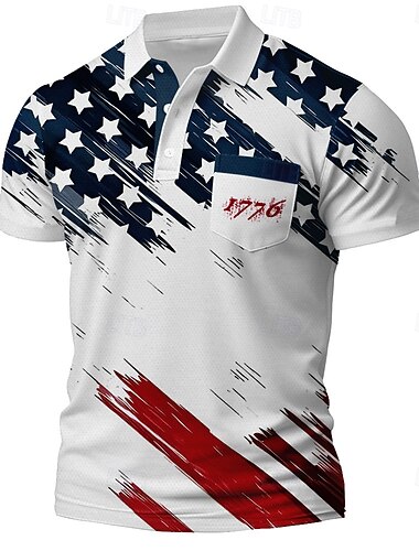  4. Juli 2026 250. Herren Amerikanische US-Flagge Polo Kurzarm Polo-Shirts Hemden mit Kragen Lässig Outdoor Athleisure Alltagskleidung Tasche 3D-Druck Knöpfe Sommer Weiß 1 Weiß Rote