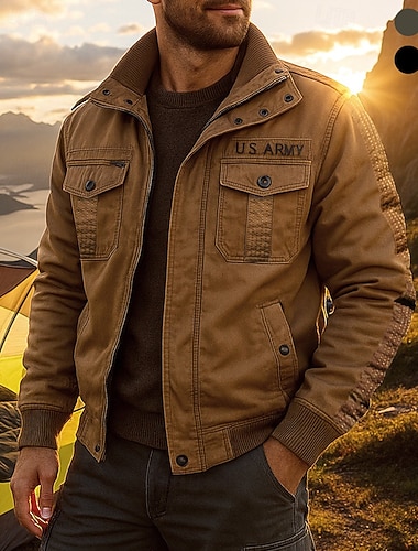  Miesten Talvi takki Fleece-cargotakki Puuvilla Talvi Syksy ulko- Pidä lämpimänä Topit Musta Vihreä Khaki