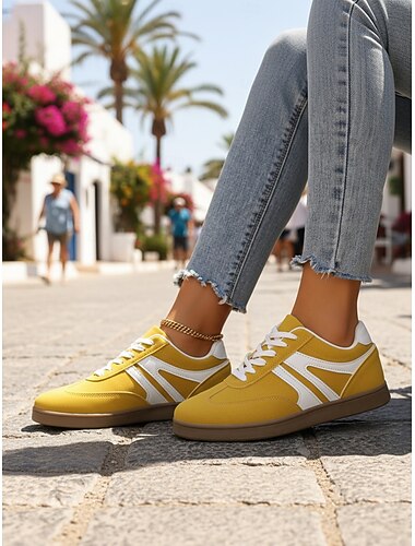  Baskets basses rétro jaunes pour femmes - Chaussures décontractées à lacets vintage, confortables au quotidien pour un style urbain et extérieur