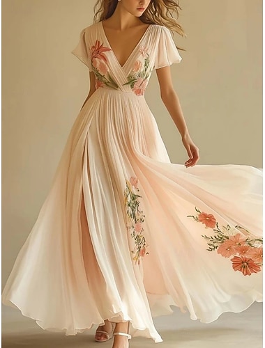  Damen Maxikleid Freizeitkleid Chiffonkleid Blumenkleid Elegant Mode Modern Outdoor Urlaub Ausgehen Normale Passform Blumen Kurzarm V Ausschnitt Rosa Sommer Frühling
