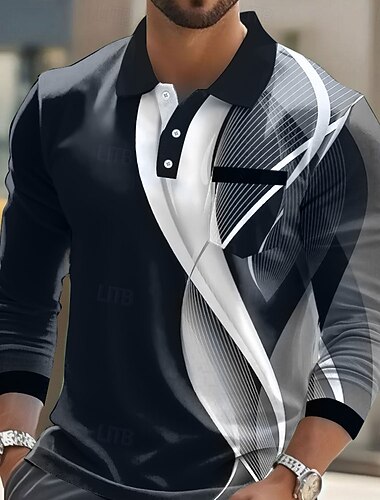  Herren Geometrisch Linie Polo Langarm Polo-Shirts Hemden mit Kragen Business-Casual Geschäft Athleisure Alltagskleidung Tasche 3D-Druck Knöpfe Frühling Herbst Winter Blau Schwarz Himmelblau