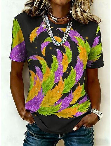 Carnaval Dames T-shirt Afdrukken Grafisch Veer Vintage Modieus Stijlvol Korte mouw Strakke ronde hals Normale tops Dagelijks Zwart Wit Zomer Lente