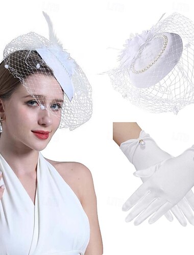  Handsker Halskæde Fascinator Hat Gentlewoman Udklædning Dame Maskerade Ascot Hestevæddeløbsfestival Voksne Hovedstykke Alle årstider