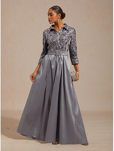  نسائي فستان طويل فستان شكل حرف A فساتين الإمبراطورية الخصر فستان ملائم وواسع أنيق رسمي حفلة ليلية تخرج ترتر دانتيل عادي لون الصلبة ورد 3/4 الكم قبعة القميص فضي