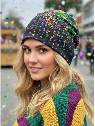  berretto da donna in poliestere stampato, può essere usato come scaldacollo, stile carnevalesco con motivi multipli, tessuto elasticizzato morbido, copricapo e sciarpa 2 in 1 per festival, feste e abbigliamento casual quotidiano