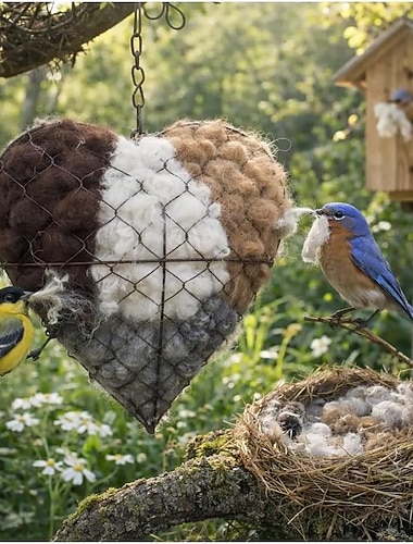  Handgefertigtes Vogelnest in Herzform, Halter für Nistmaterial aus PP-Baumwolle, nachfüllbares Vogelnest in Herzform für Kolibris, Geschenkidee für Kolibri-Liebhaber im Winter, Dekoration für Haus, Garten und Hof