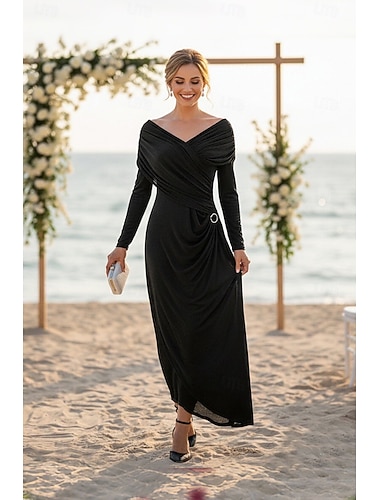  Tubino Colonna Lunghezza alla caviglia Vestito da Festa Abito da Cocktail Abito da invitata a nozze Abiti per invitati a matrimoni Elegante Manica Lunga Senza Spalle Matrimonio con Arricciato