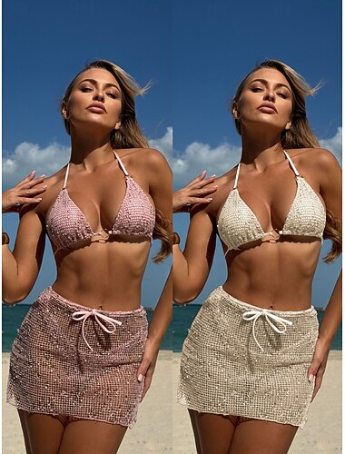  Damen Badeanzug Bikini Dreiteilig Rock Bademode Schlank Rückenfrei Urlaub Strandbekleidung Einfarbig Neckholder Ärmellos Badeanzüge