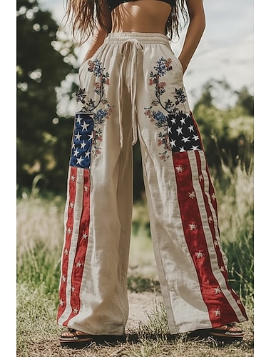  Calça feminina pantalona estilo boho para o Dia da Independência dos EUA, cintura alta, estampa floral, cordão ajustável, elástico na cintura, respirável, confortável e ideal para o dia a dia.