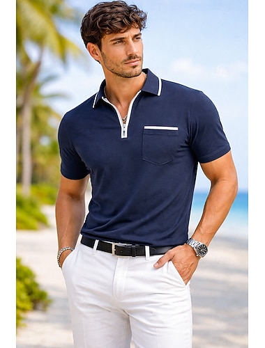  Herre Poloskjorte i bomull Golf skjorte Avslappet Feriereise Knaphul Quarter Zip Kortermet Mote Muskel Helfarge عادي Glidelås Lomme Sommer Vår Vår sommer Normal Skoggrønn Svart Hvit Rød Navybl