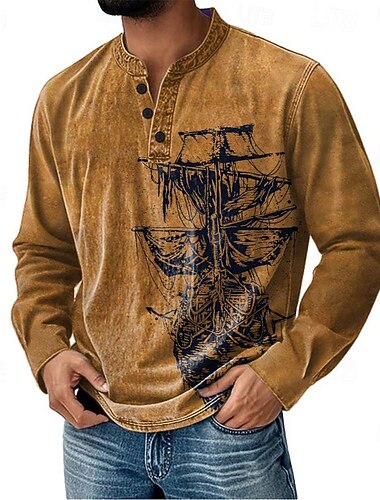  Homme Voilier Chemise Henley manche longue ancien Mignon Quotidien Occasionnel Fête Sortir Printemps Automne Bleu Gris Violet Kaki Col Henley Henley T-shirt Henley