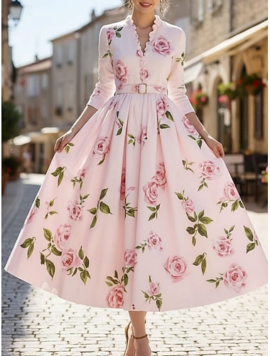  Damen Maxikleid Freizeitkleid Arbeitskleidung Blumenkleid Elegant Vintage Mode Outdoor Urlaub Ausgehen Normale Passform Blumen Langarm V Ausschnitt Rosa Sommer Frühling