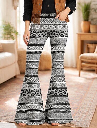  Retro / vintage Boheemi 1970 luku Housut Bell Bottom Housut Hippi Disko Korkea vyötärö Kukka Naamiaispuku Naisten Naamiaiset musiikkifestivaali Juhla Pride-paraati Aikuisten Housut