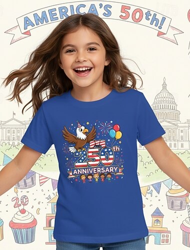  Fille 3D Graphique 250e anniversaire T-shirt Manche Courte Impression 3D Été Printemps Sports Mode Streetwear Enfants 4-12 ans Col Rond Occasionnel Quotidien Extérieur Coupe régulière
