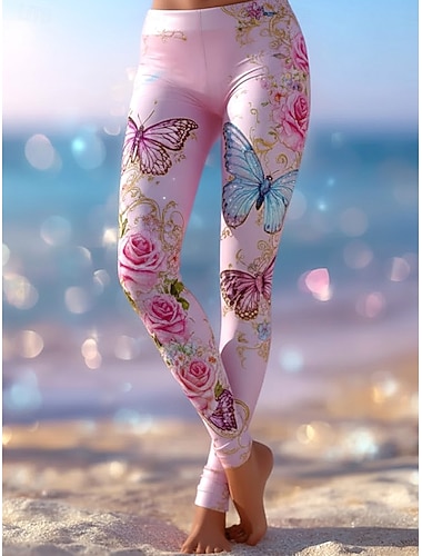  Damen Hosen Hose Leggings Gemütliche Leggings Urlaub Basic Lässig Volle Länge Hohe Taille Schmetterling Blume Elastischer Bund Druck Komfort Atmungsaktivität Bequem Dehnbar Urlaub Formell Straße Rosa