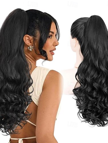  Extensión de cola de caballo, extensiones de cabello con clip de garra ondulada, rizada y larga, color negro natural de 24 pulgadas, postizo sintético de aspecto natural para mujeres de 24 pulgadas