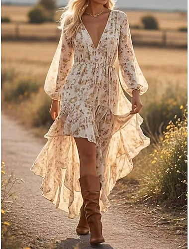  Robe Maxi Boho Femme Robe A Lignes Décontractée Extérieur Sortie Ajustement Lâche Floral Manches Longues Col V Bleu Beige Été Printemps Automne