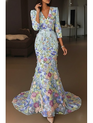  A-linje Gulvlengde Kveldskjoler Formell kjole Elegant Årgang Blomster Halvlange ermer V-hals Bryllup Formell Sateng Blonder med Brodert blomst Broderi Appliqué