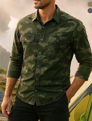  בגדי ריקוד גברים חולצת מטען חולצת קאמו שרוול ארוך צווארון מתקפל צמרות חיצוני נושם אביב סתיו כותנה להסוות ירוק חאקי אפור טניס גולף ריצה