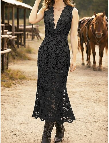  Damen Midikleid Boho-Kleid schwarzes kleid Spitzenkleid Cocktailkleid Mode Klassisch Modern Täglich Urlaub Ausgehen Schlank Einfach Ärmellos V Ausschnitt Schwarz Marineblau Sommer Frühling