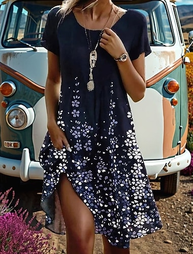  Dam Midiklänning T shirtklänning A linjeklänning Atletisk klänning Ledigt Dagligen Normal Grafisk Kortärmad Rund hals Blå Sommar Vår Höst