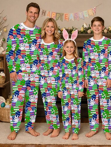  Familie paaspyjama's met grafische print van een konijn, casual, blauw, donkergroen, groene, lange mouwen, bijpassende vakantieoutfits