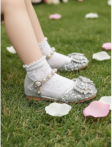  Barnesko med glitrende strass-detaljer fra Mary Janes, krystallsløyfedetaljer, glitterstoffoverdel og justerbar ankelstropp, elegant prinsessestil for jenter, perfekte sko til bryllupsseremonier med