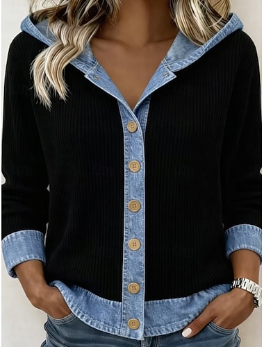  Dame Uformell jakke Hettegenser Hold Varm Bekvem Glidelås Lomme Knapper Fritid Fargeblokk Hjem utendørs Feriereise Dagligdagstøy Normal Med hette Løstsittende Langermet Yttertøy Svart Høst Vinter