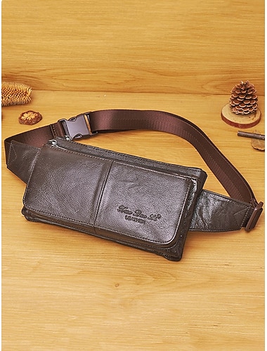  Sac banane et bandoulière pour homme en cuir véritable, noir et café, sac multi-positions idéal pour un style décontracté, les voyages, les activités de plein air, les trajets quotidiens et la vie citadine.