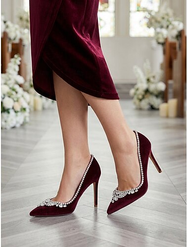  Smaragdgroene fluwelen stilettohakken met strasssteentjes voor dames, elegante pumps met spitse neus voor een bruiloft of kerkceremonie.