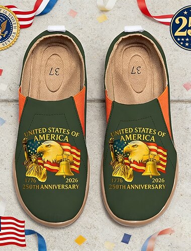  Verenigde Staten 250e Jubileum Dames USA Gedrukte Brede Slip-On Schoenen – Lichtgewicht Wandelschoenen Patriottische Stedelijke Casual Stijl voor Straatmode Festivals Reizen  Dagelijks Gebruik
