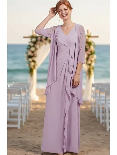  Todelt A-linje Gulvlengde Gjestekjole til bryllup Kjole til brudens mor Ermeløs V-hals Elegant Formell Bryllupsfest Chiffon Innpakking inkludert med Drapert