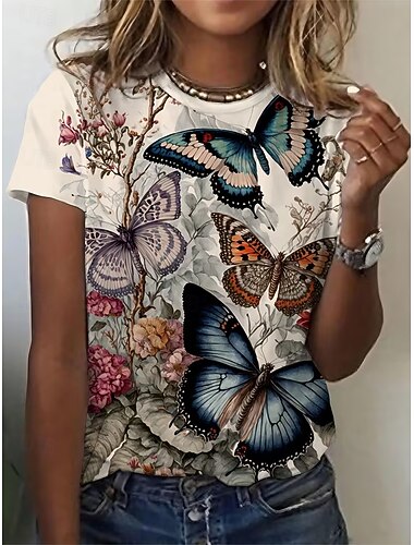  Dames T-shirt Afdrukken Grafisch dier Vintage Stijlvol Klassiek Korte mouw Strakke ronde hals Ronde hals Normale tops Dagelijks Weekend Wit Khaki Beige Zomer Lente Herfst Winter