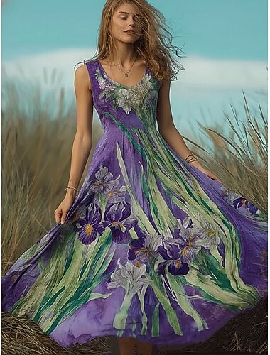  Damen Maxi Kleid Boho Sommerkleid A-Linien Kleid Slip Kleid Plisseekleid Urlaub Casual Strand Reguläre Passform Floral Grafik Ethno Ärmellos U-Ausschnitt Lila Sommer Frühling