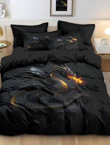  Parure de lit style hôtel, motif dragon noir Spitfire, comprenant une housse de couette et deux taies d'oreiller en tissu peluche doux à poils courts (couette non incluse).